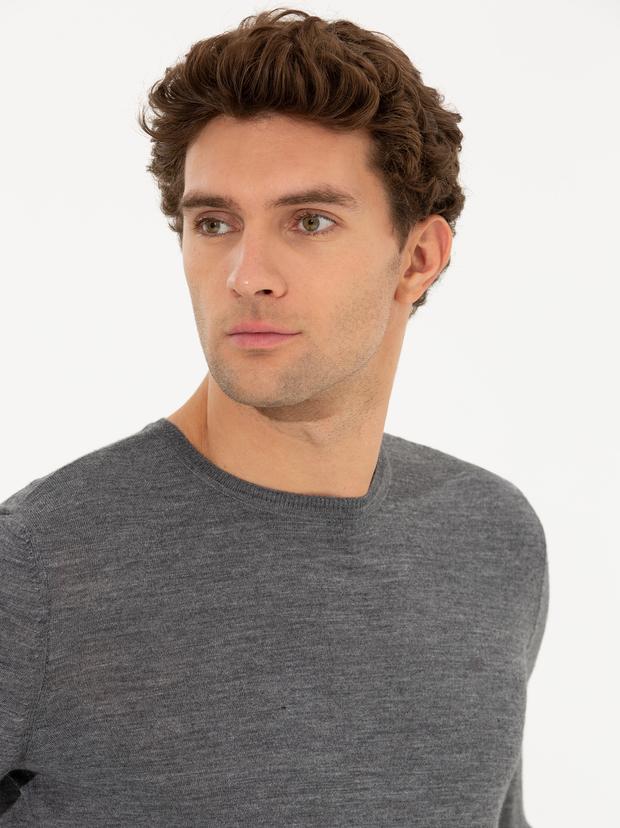 Antrasit Melanj Slim Fit Bisiklet Yaka Basic Triko Kazak