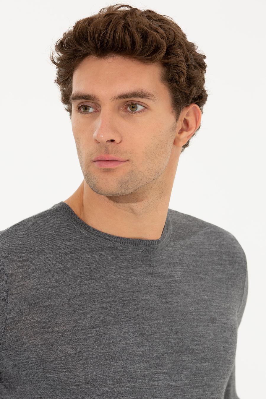 Antrasit Melanj Slim Fit Bisiklet Yaka Basic Triko Kazak - 50237038240
