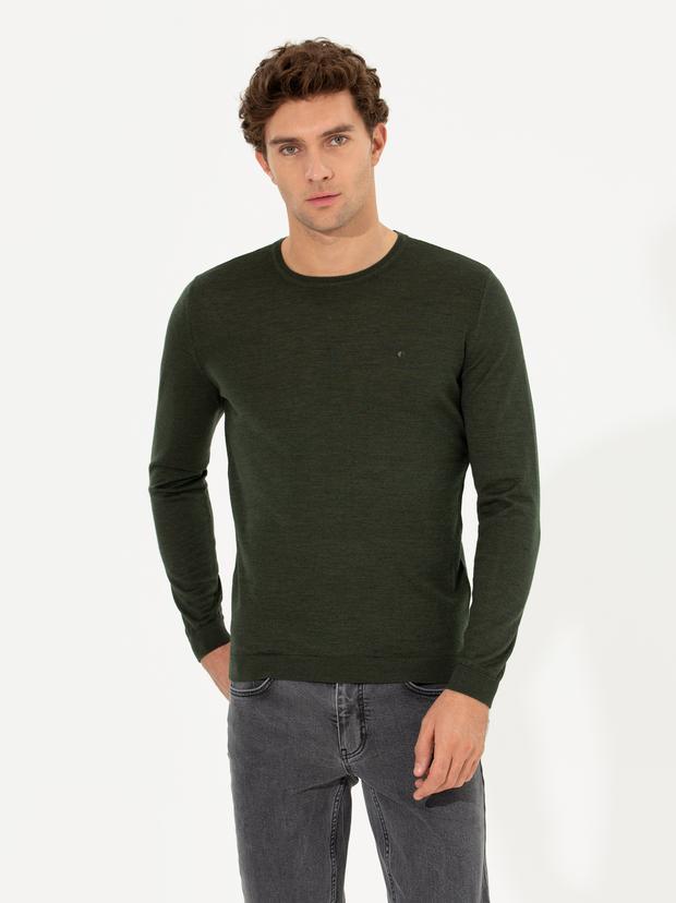 Haki Slim Fit Bisiklet Yaka Basic Triko Kazak