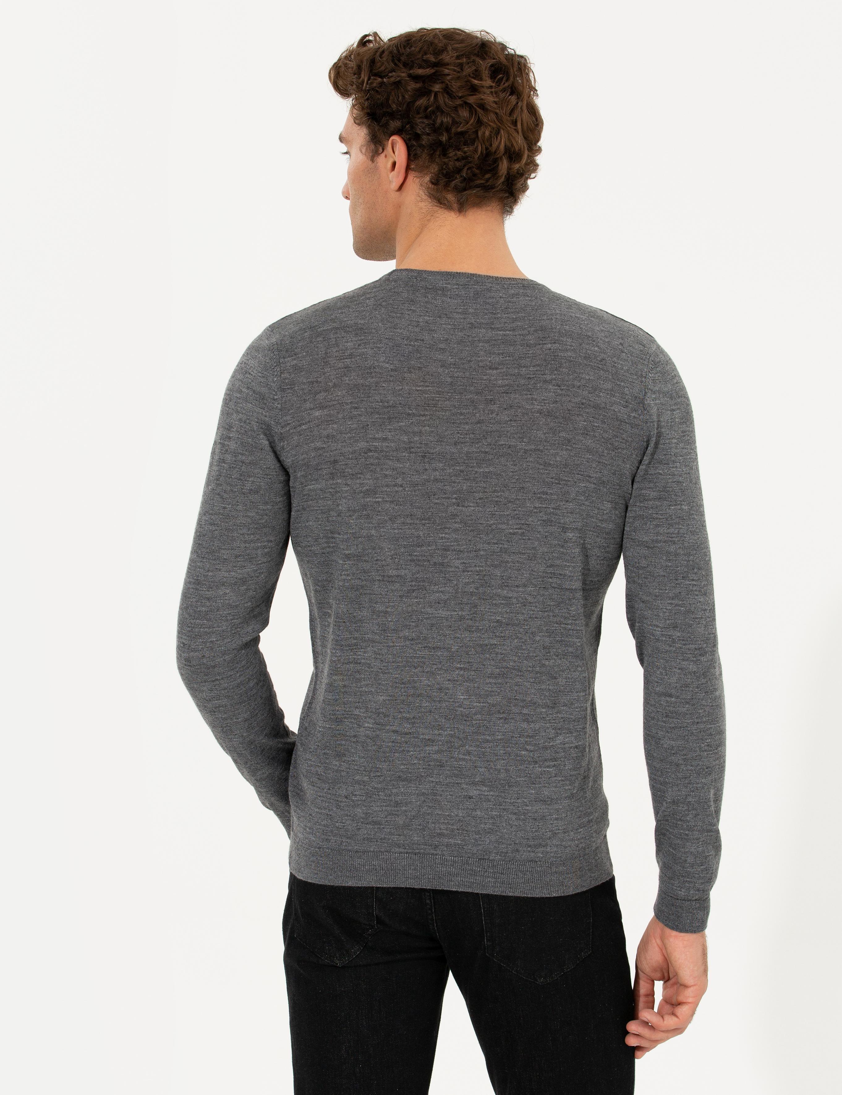 Antrasit Melanj Slim Fit Bisiklet Yaka Basic Triko Kazak - 50237038240