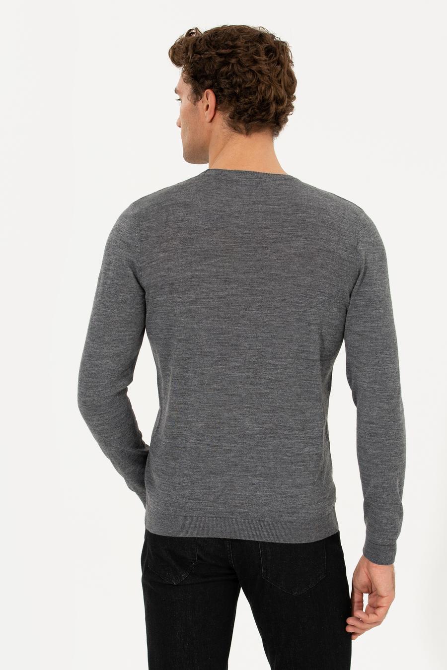 Antrasit Melanj Slim Fit Bisiklet Yaka Basic Triko Kazak - 50237038240