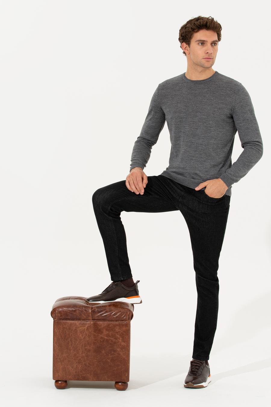 Antrasit Melanj Slim Fit Bisiklet Yaka Basic Triko Kazak - 50237038240