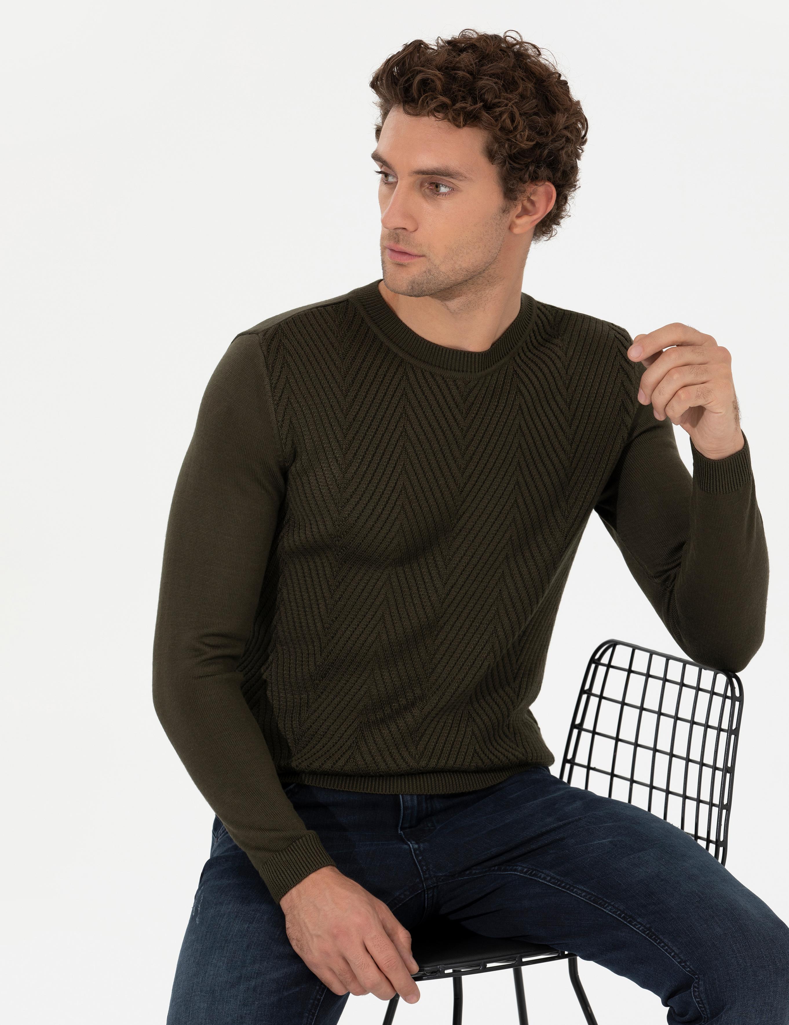 Yeşil Slim Fit Pamuk Karışımlı Bisiklet Yaka Triko Kazak - 50258846004