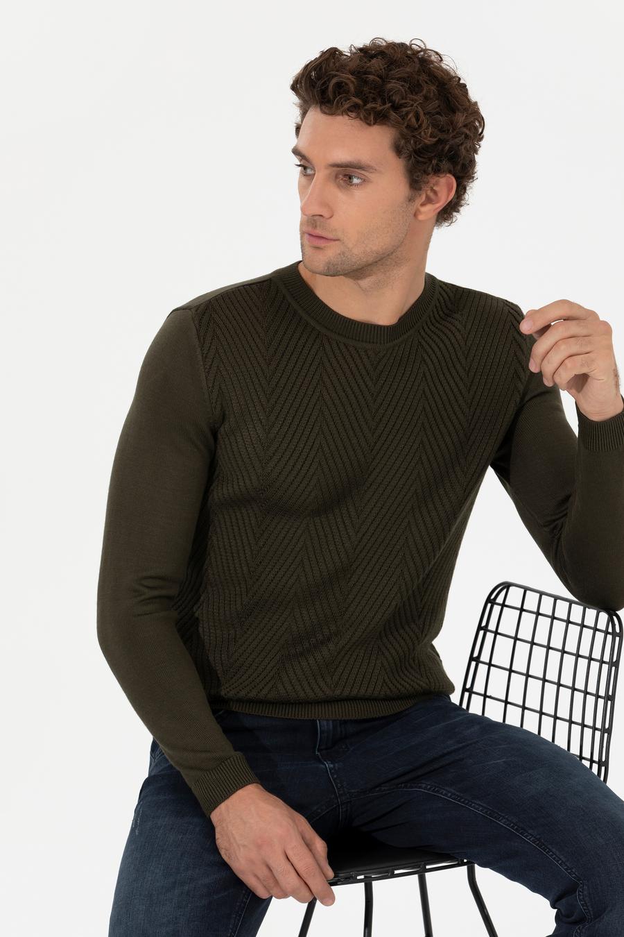Yeşil Slim Fit Pamuk Karışımlı Bisiklet Yaka Triko Kazak - 50258846004