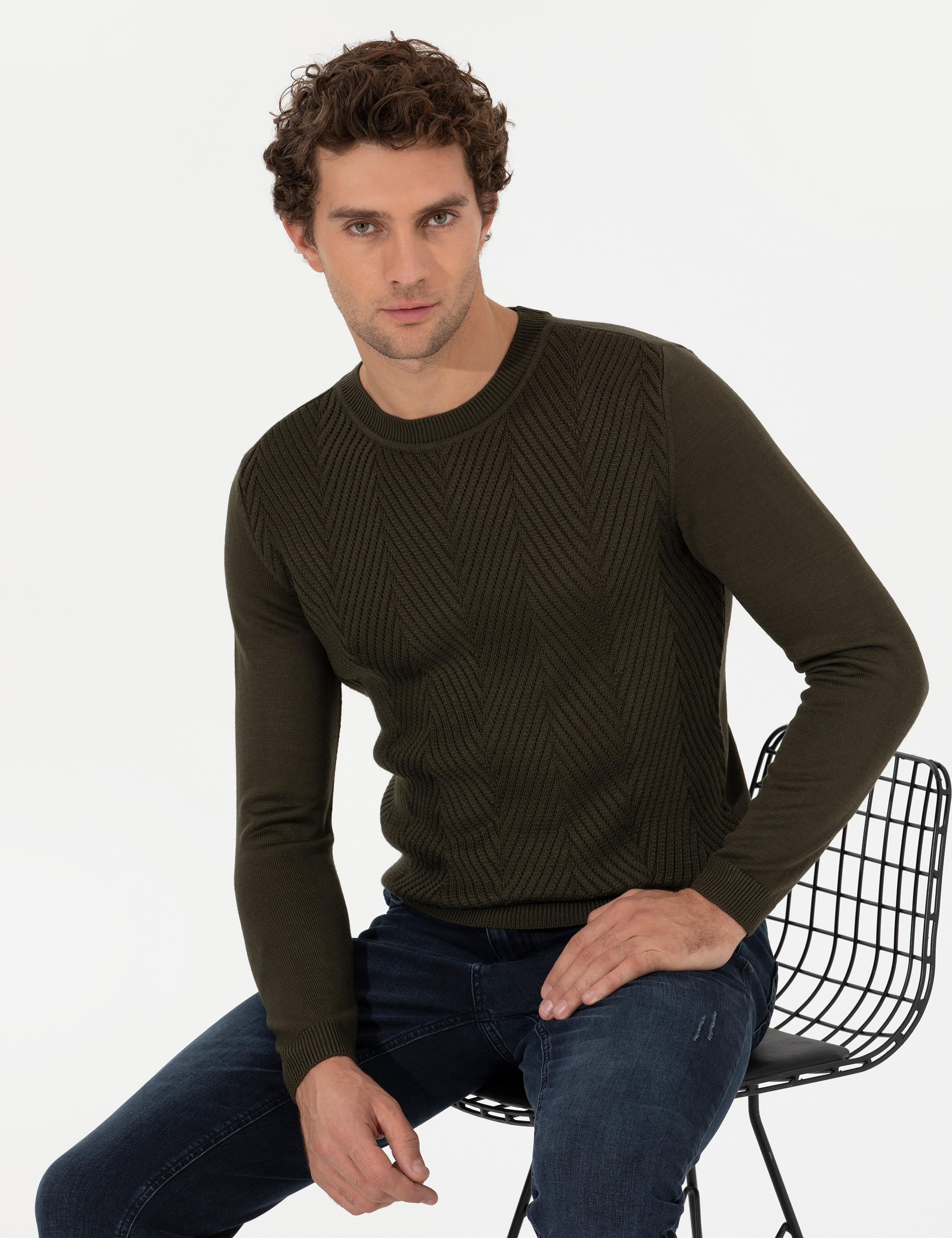 Yeşil Slim Fit Pamuk Karışımlı Bisiklet Yaka Triko Kazak - 50258846004