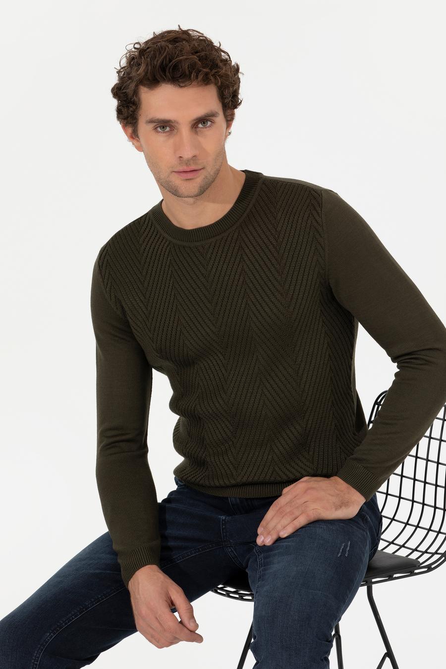 Yeşil Slim Fit Pamuk Karışımlı Bisiklet Yaka Triko Kazak - 50258846004