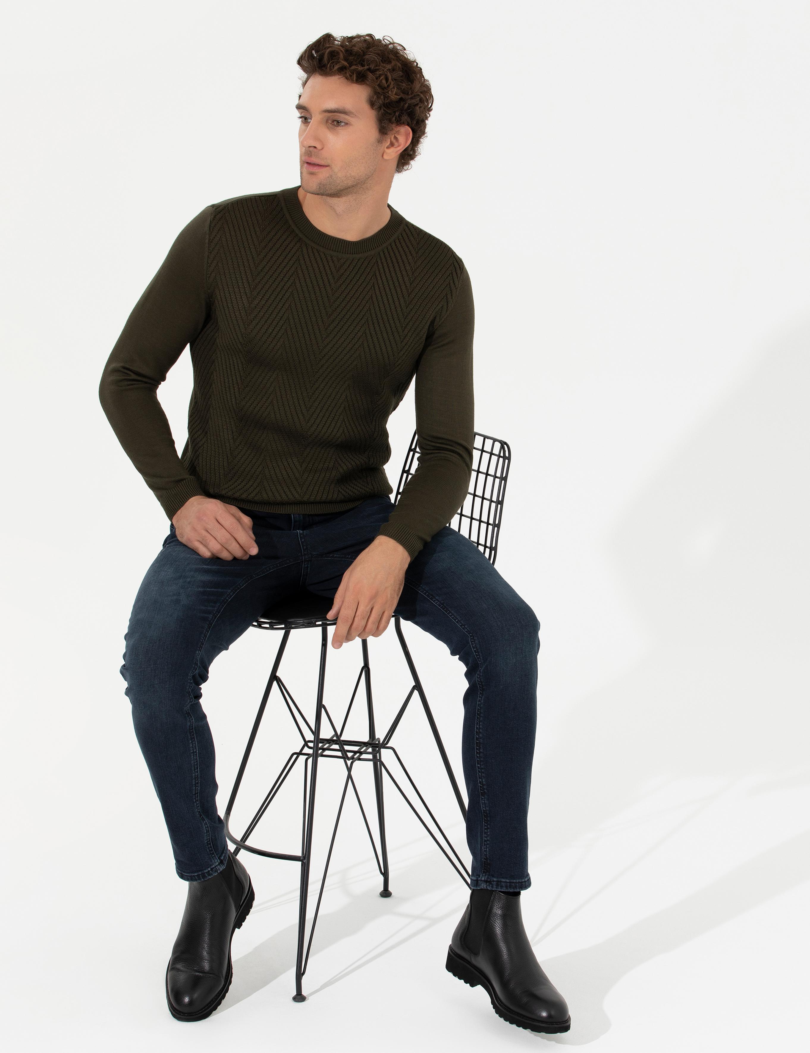 Yeşil Slim Fit Pamuk Karışımlı Bisiklet Yaka Triko Kazak - 50258846004