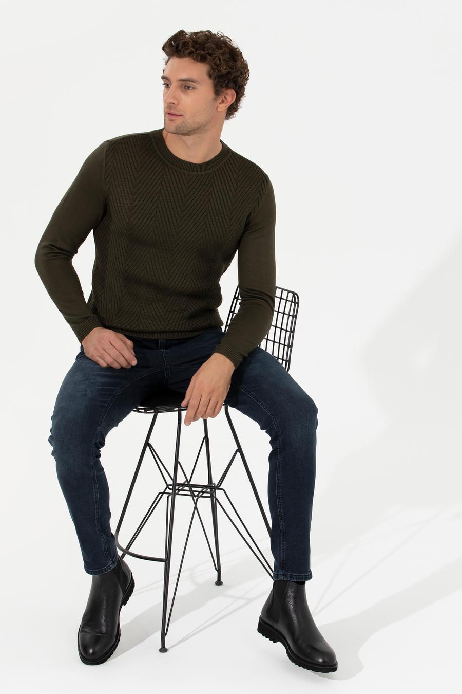 Yeşil Slim Fit Pamuk Karışımlı Bisiklet Yaka Triko Kazak - 50258846004
