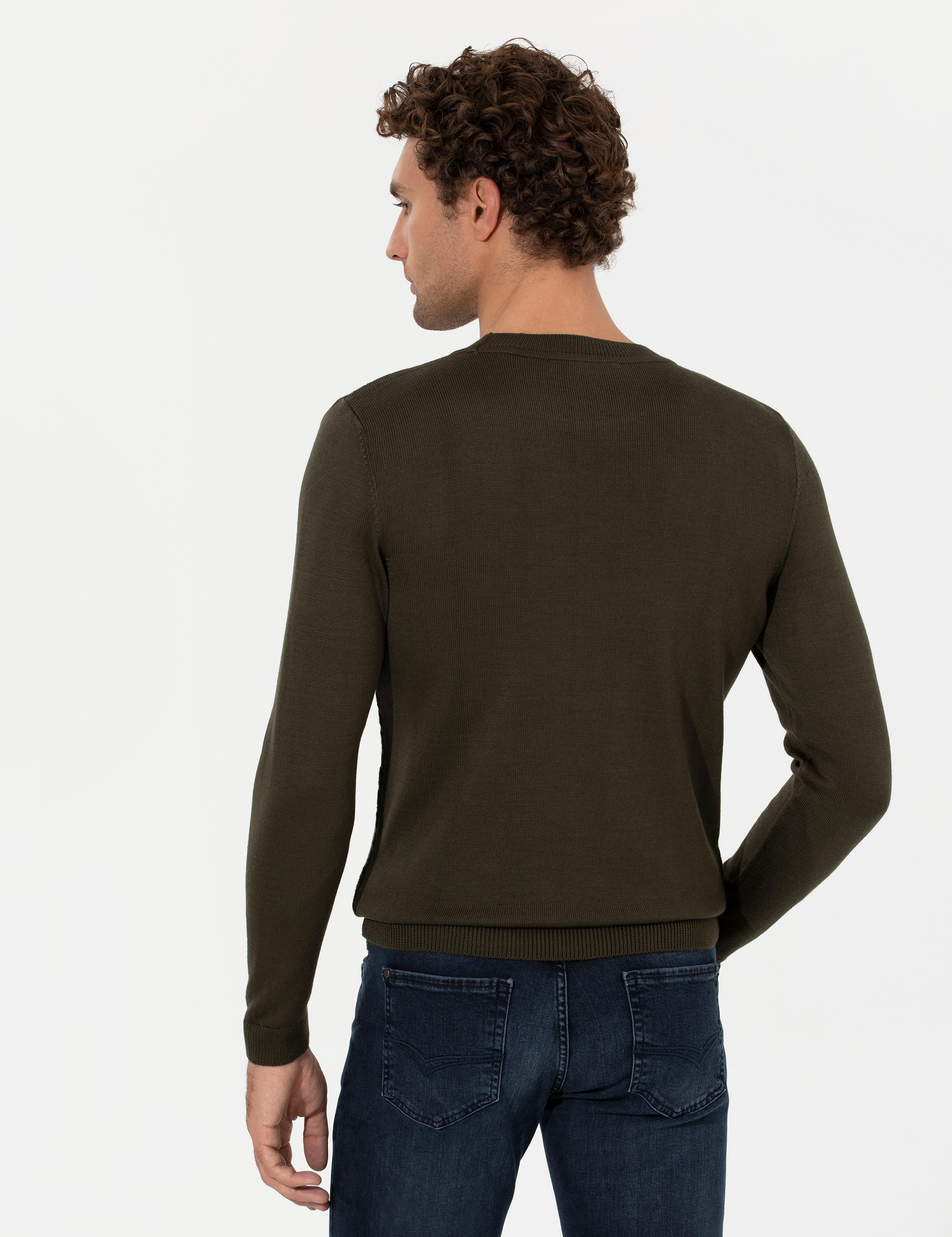 Yeşil Slim Fit Pamuk Karışımlı Bisiklet Yaka Triko Kazak - 50258846004