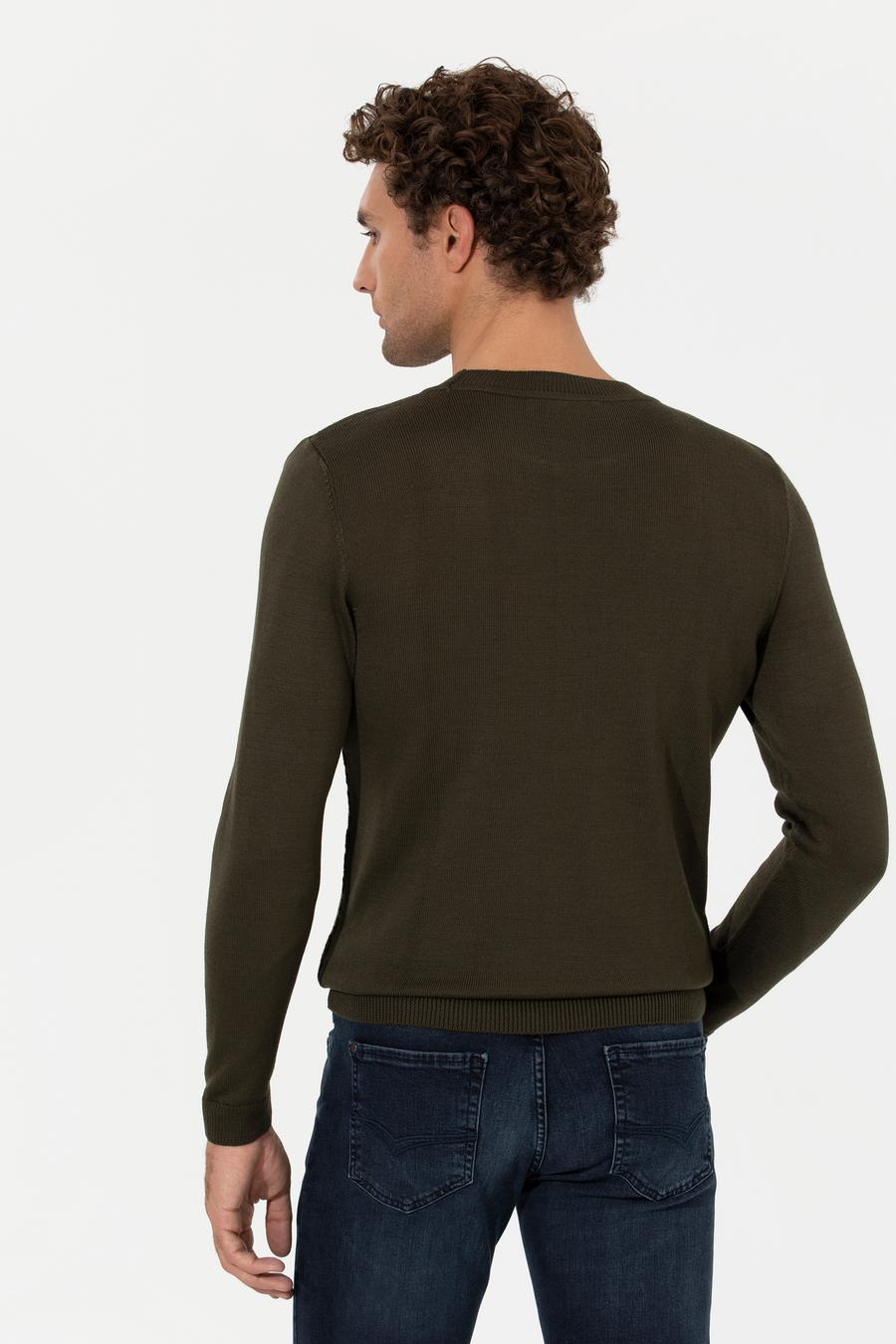 Yeşil Slim Fit Pamuk Karışımlı Bisiklet Yaka Triko Kazak - 50258846004