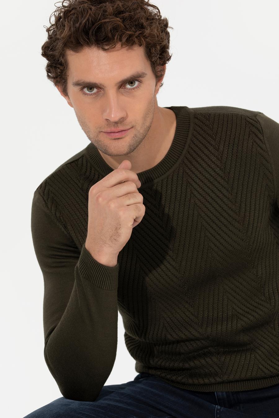 Yeşil Slim Fit Pamuk Karışımlı Bisiklet Yaka Triko Kazak - 50258846004