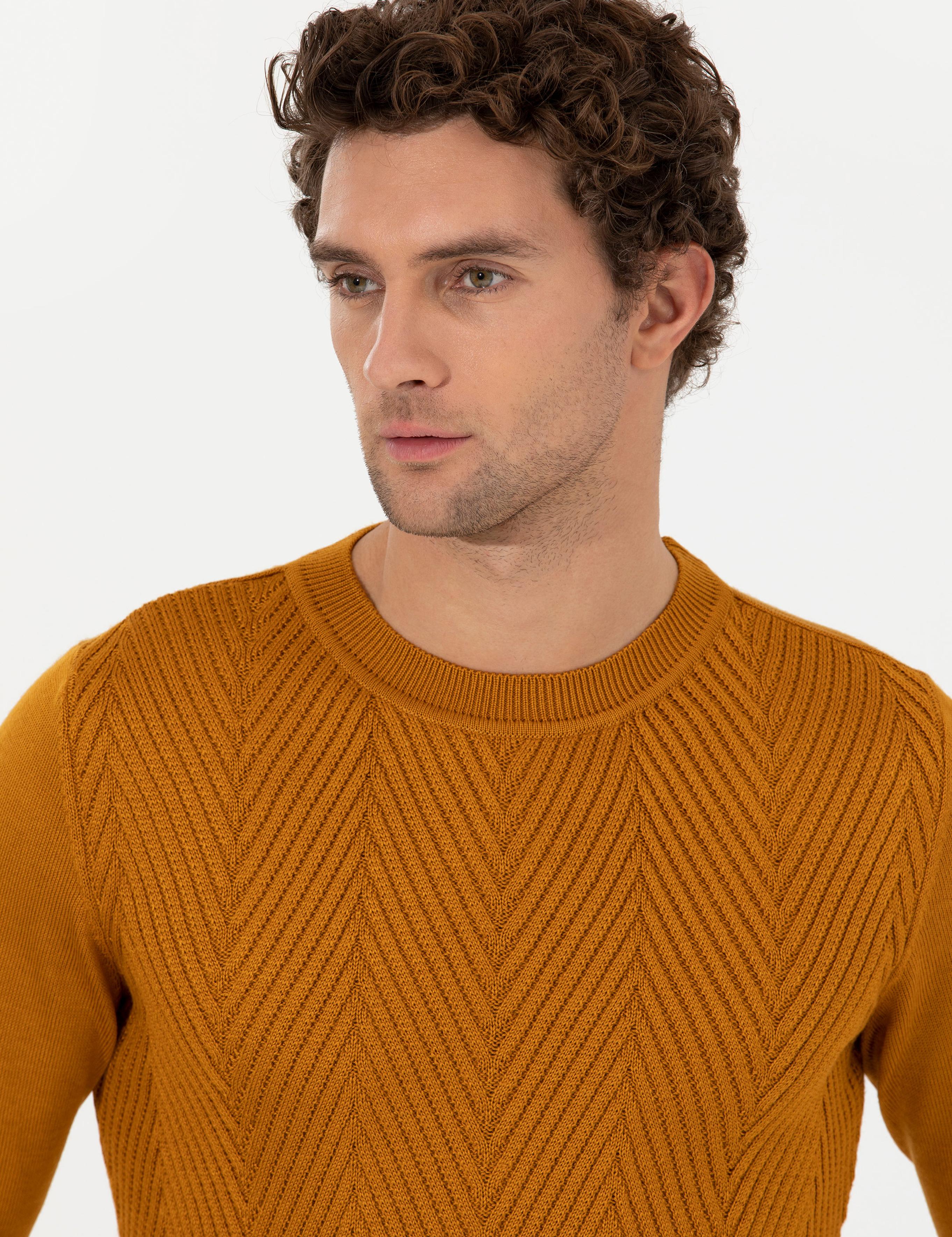 Sarı Slim Fit Pamuk Karışımlı Bisiklet Yaka Triko Kazak - 50258846023