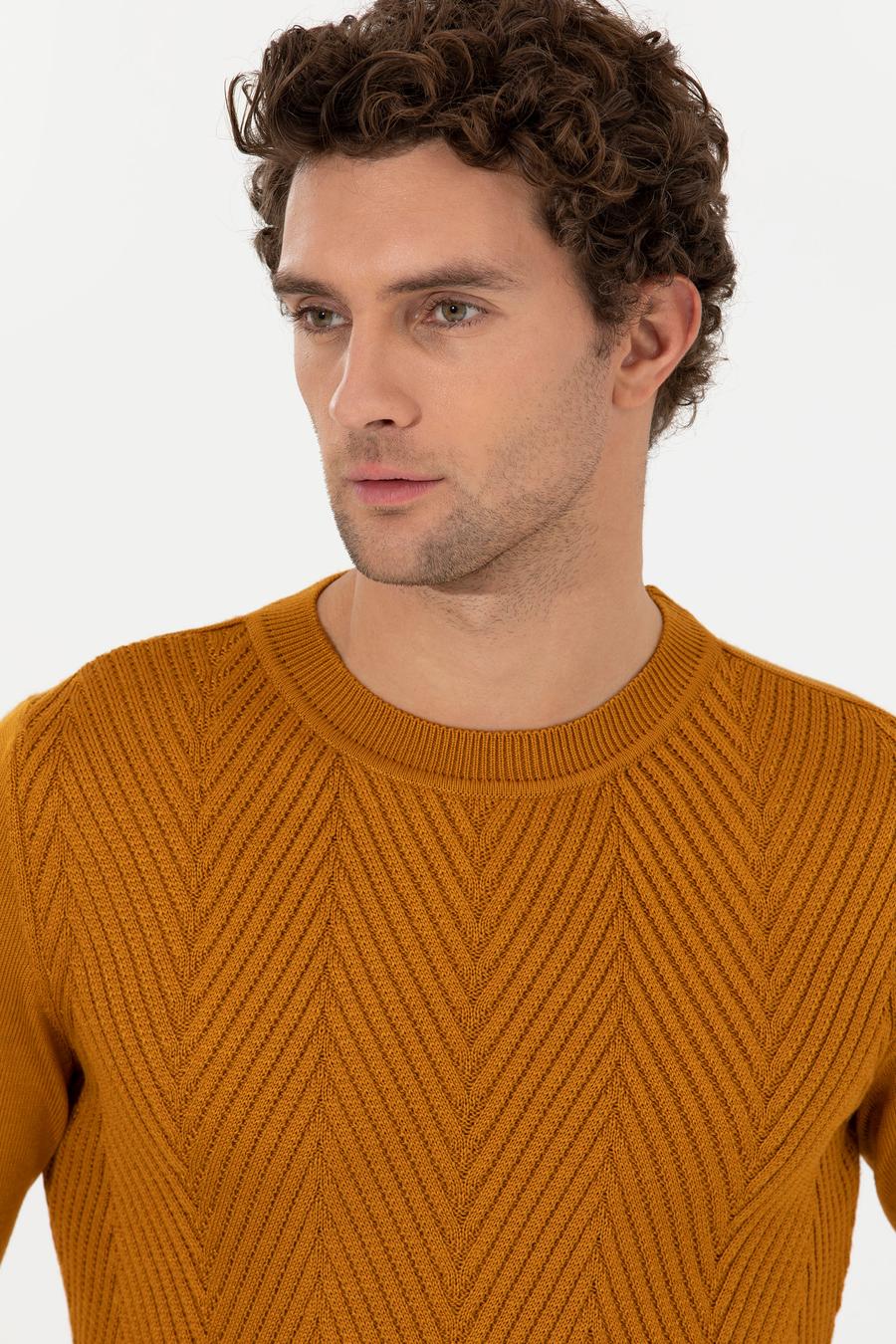 Sarı Slim Fit Pamuk Karışımlı Bisiklet Yaka Triko Kazak - 50258846023