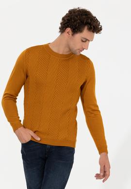 Sarı Slim Fit Pamuk Karışımlı Bisiklet Yaka Triko Kazak