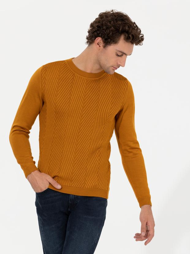 Sarı Slim Fit Pamuk Karışımlı Bisiklet Yaka Triko Kazak