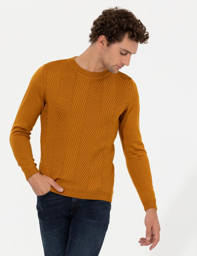 Sarı Slim Fit Pamuk Karışımlı Bisiklet Yaka Triko Kazak