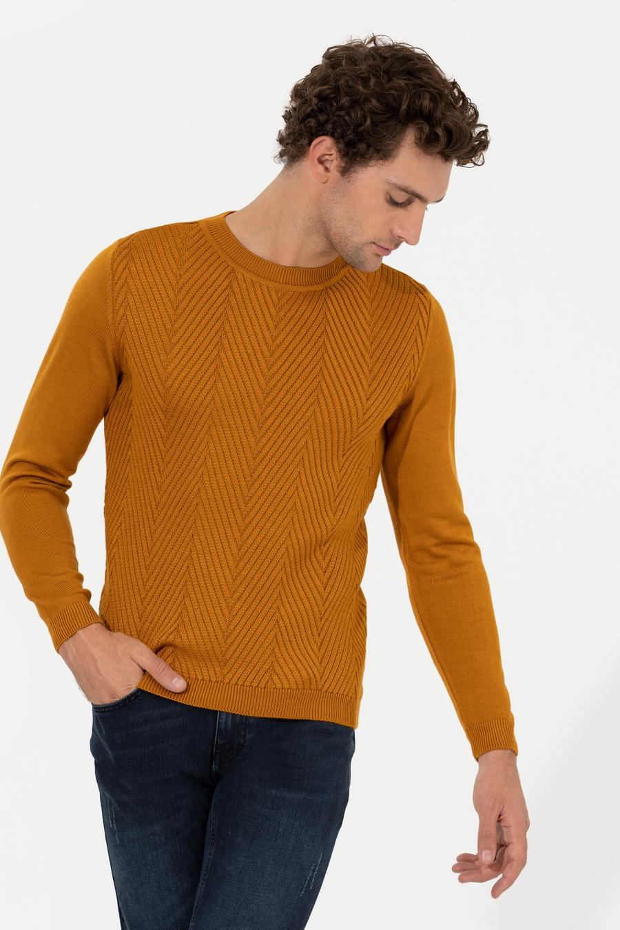 Sarı Slim Fit Pamuk Karışımlı Bisiklet Yaka Triko Kazak - 50258846023
