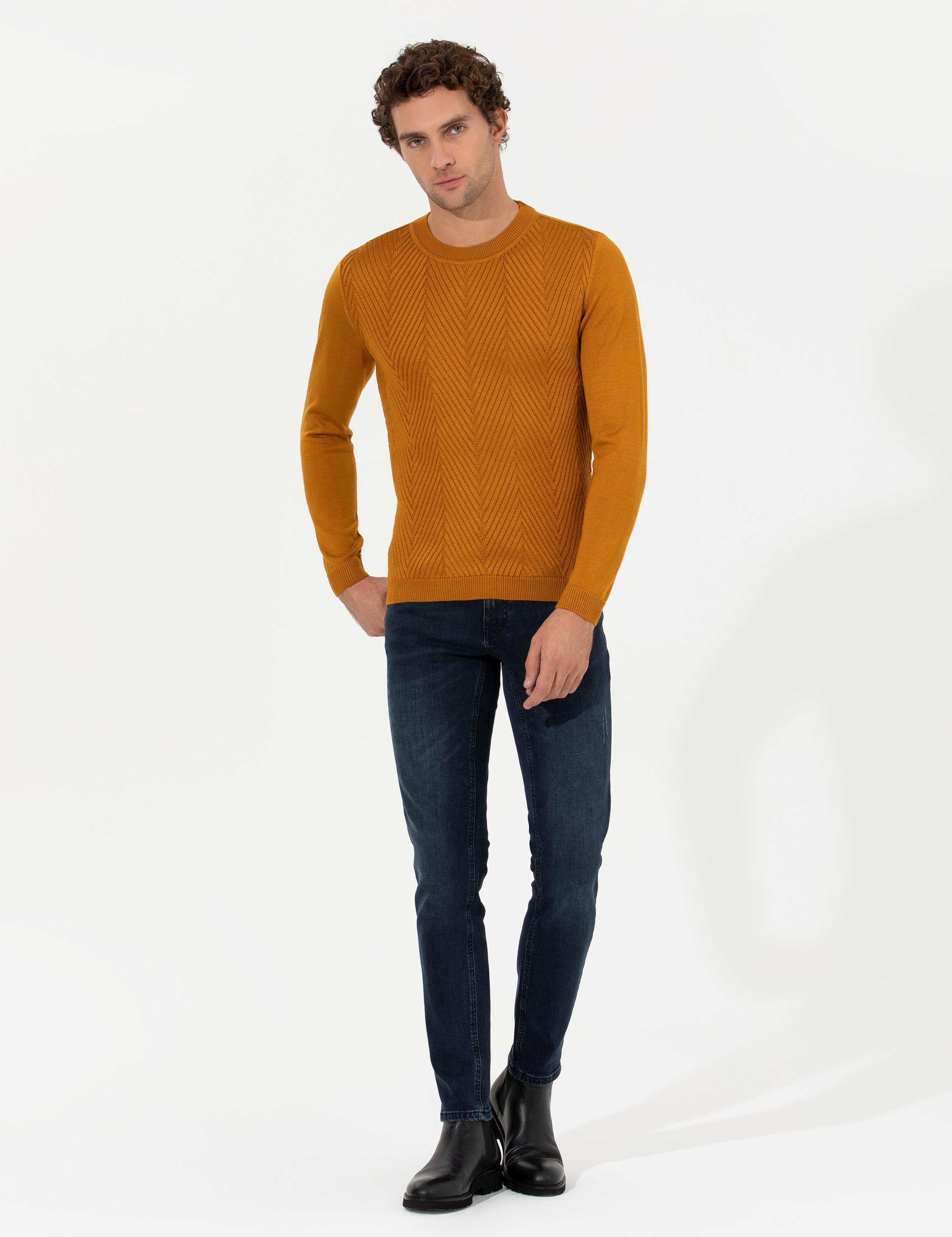 Sarı Slim Fit Pamuk Karışımlı Bisiklet Yaka Triko Kazak - 50258846023