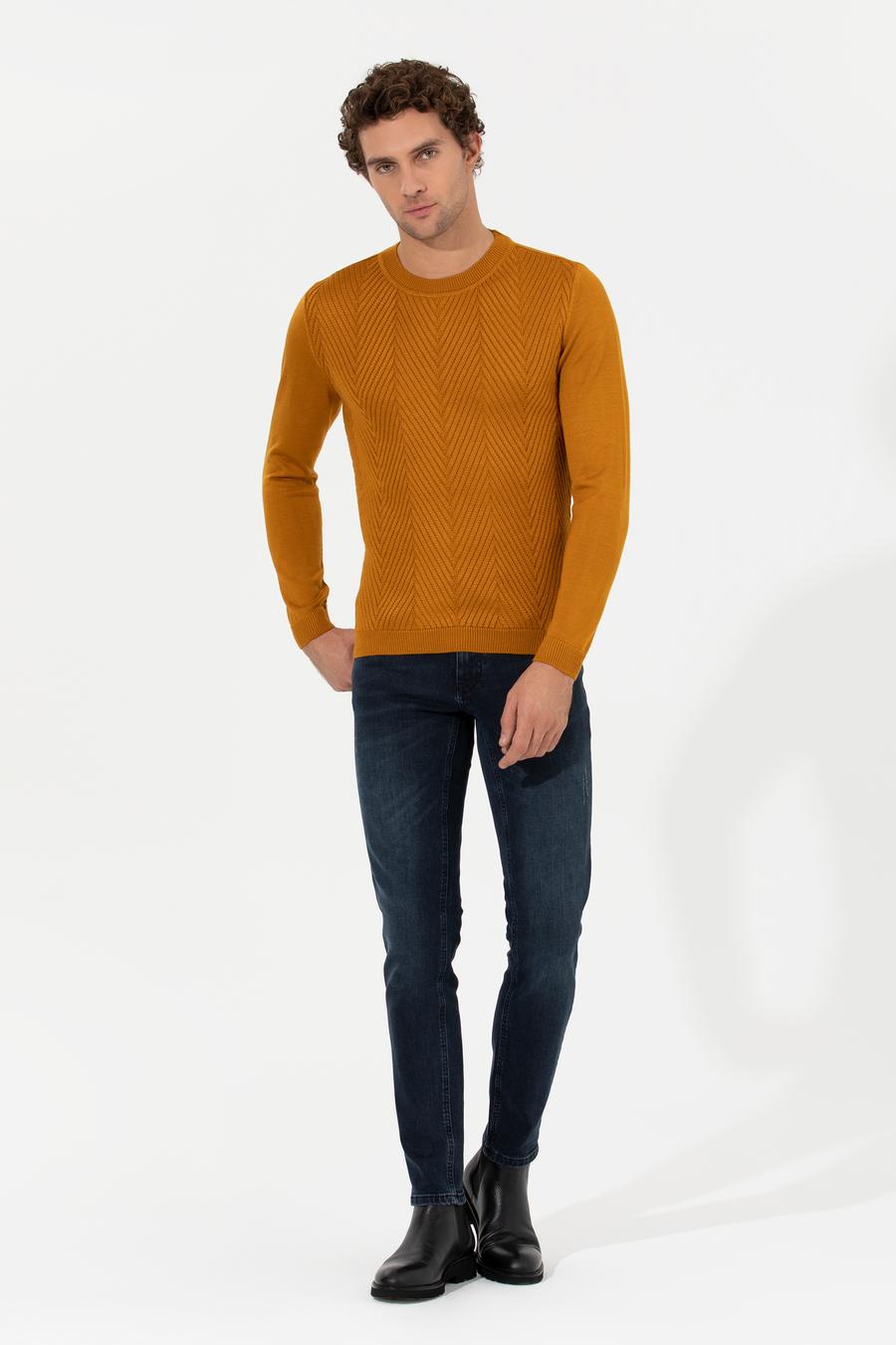 Sarı Slim Fit Pamuk Karışımlı Bisiklet Yaka Triko Kazak - 50258846023