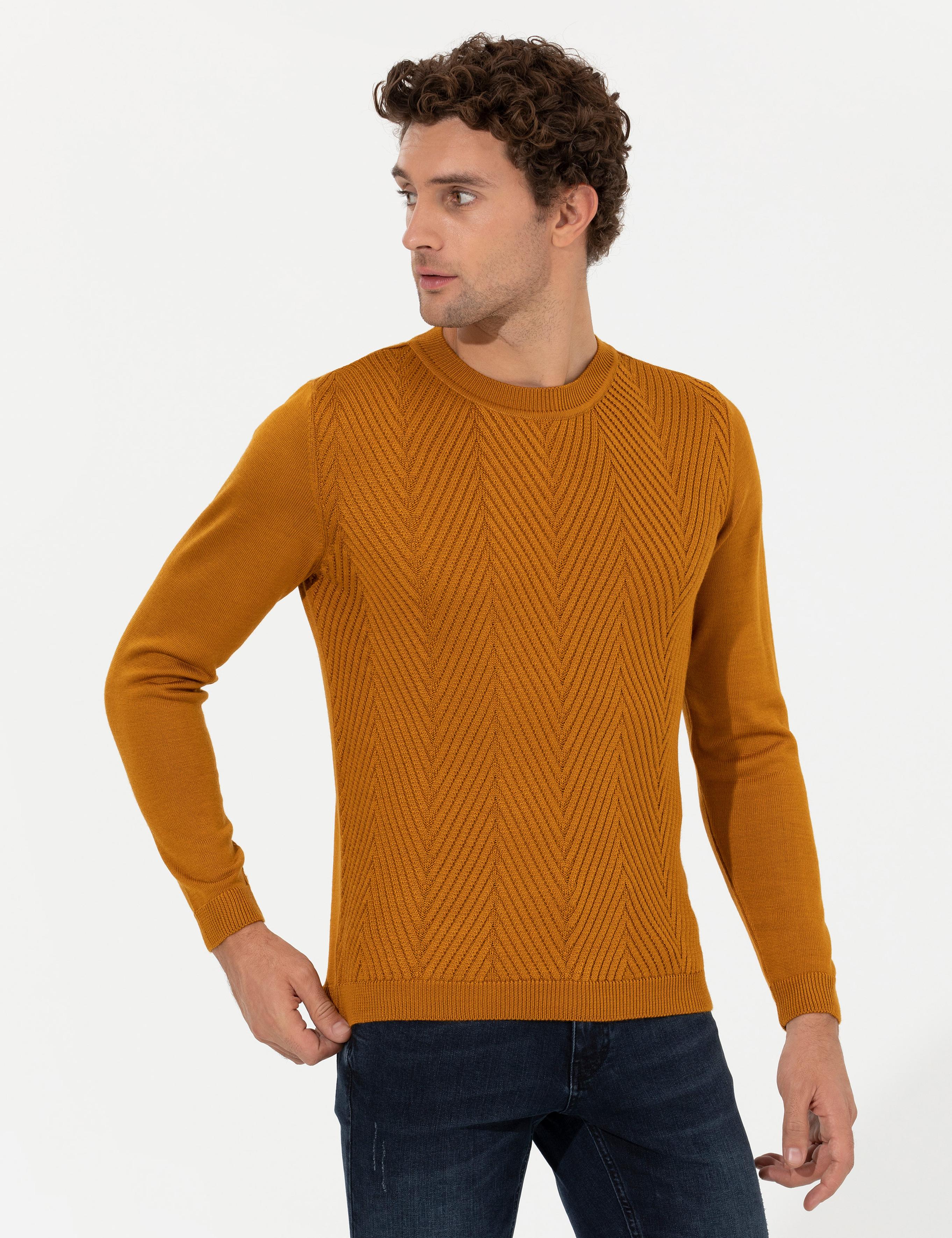Sarı Slim Fit Pamuk Karışımlı Bisiklet Yaka Triko Kazak - 50258846023