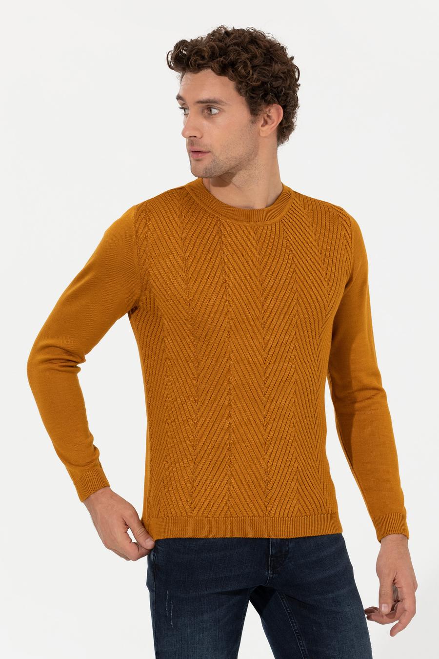 Sarı Slim Fit Pamuk Karışımlı Bisiklet Yaka Triko Kazak - 50258846023