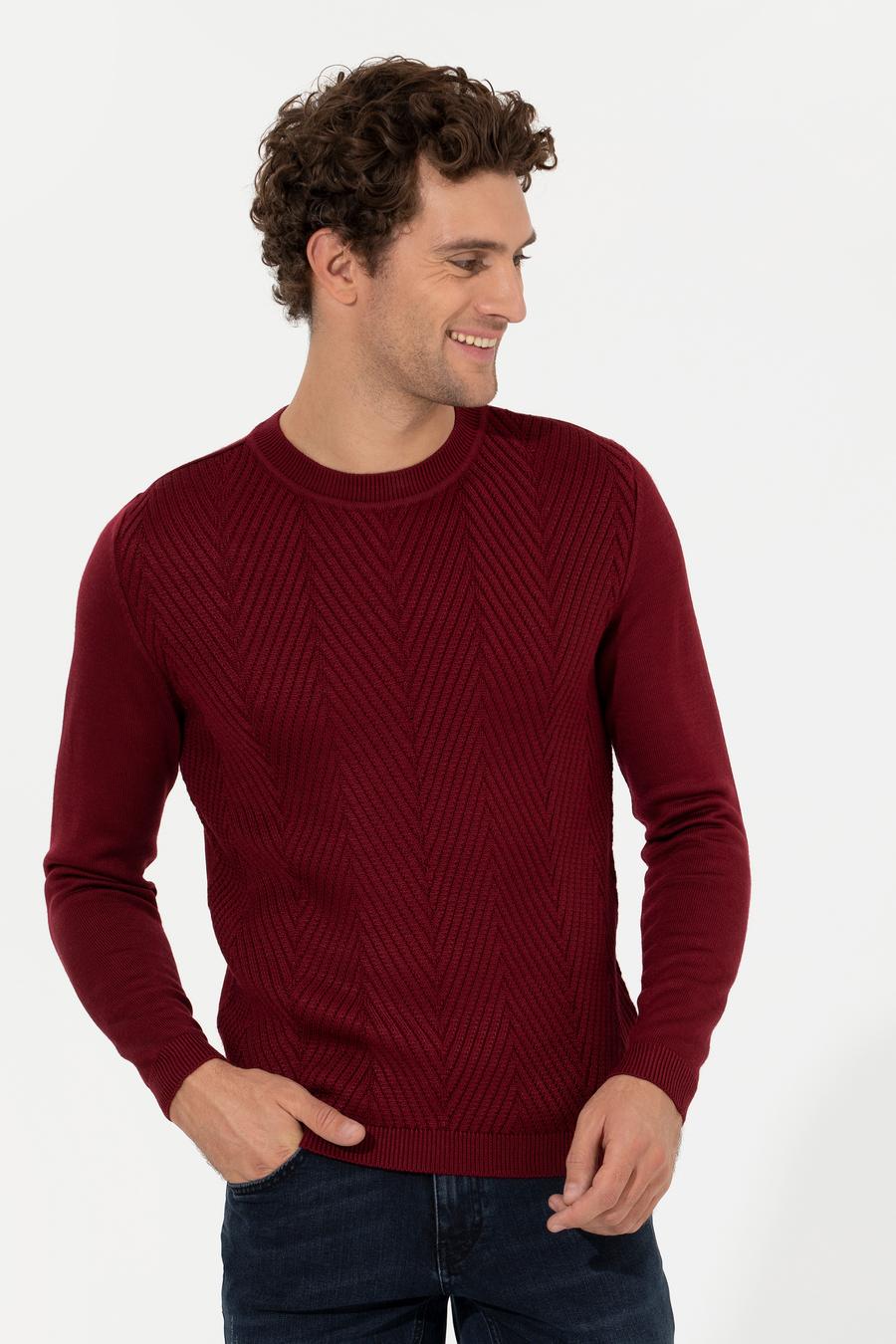 Bordo Slim Fit Bisiklet Yaka Triko Kazak - 50258846015