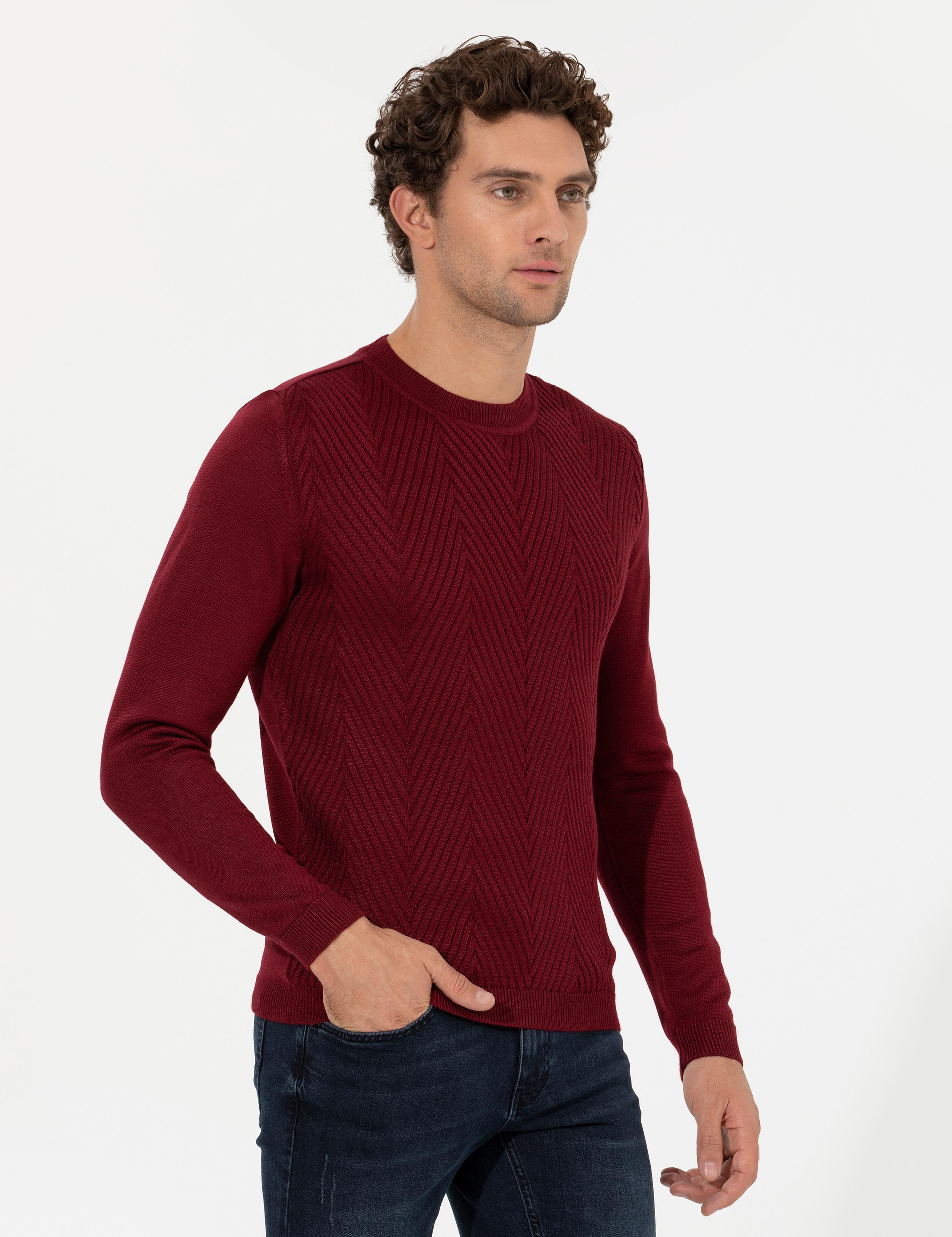 Bordo Slim Fit Bisiklet Yaka Triko Kazak - 50258846015
