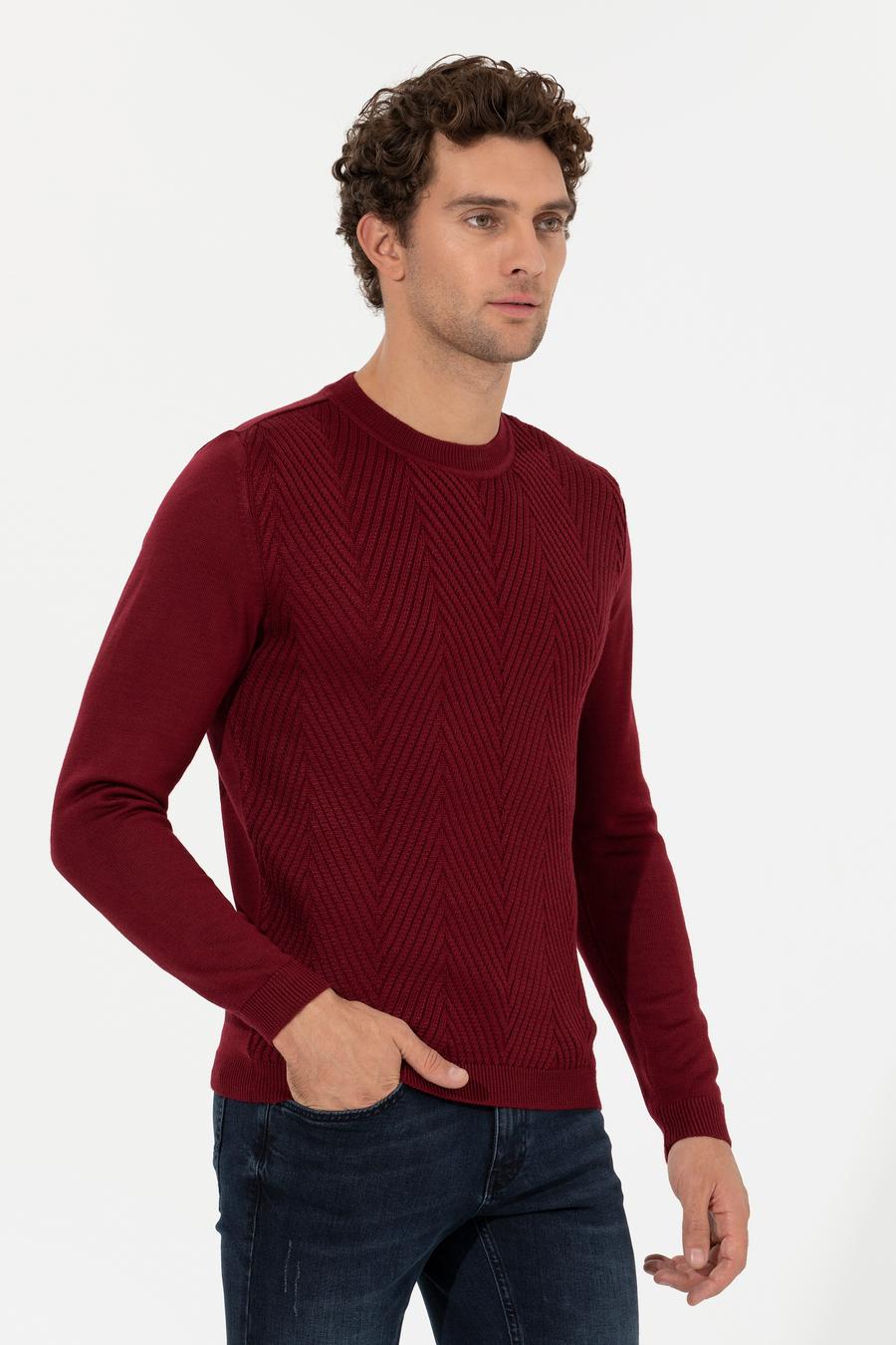 Bordo Slim Fit Bisiklet Yaka Triko Kazak - 50258846015