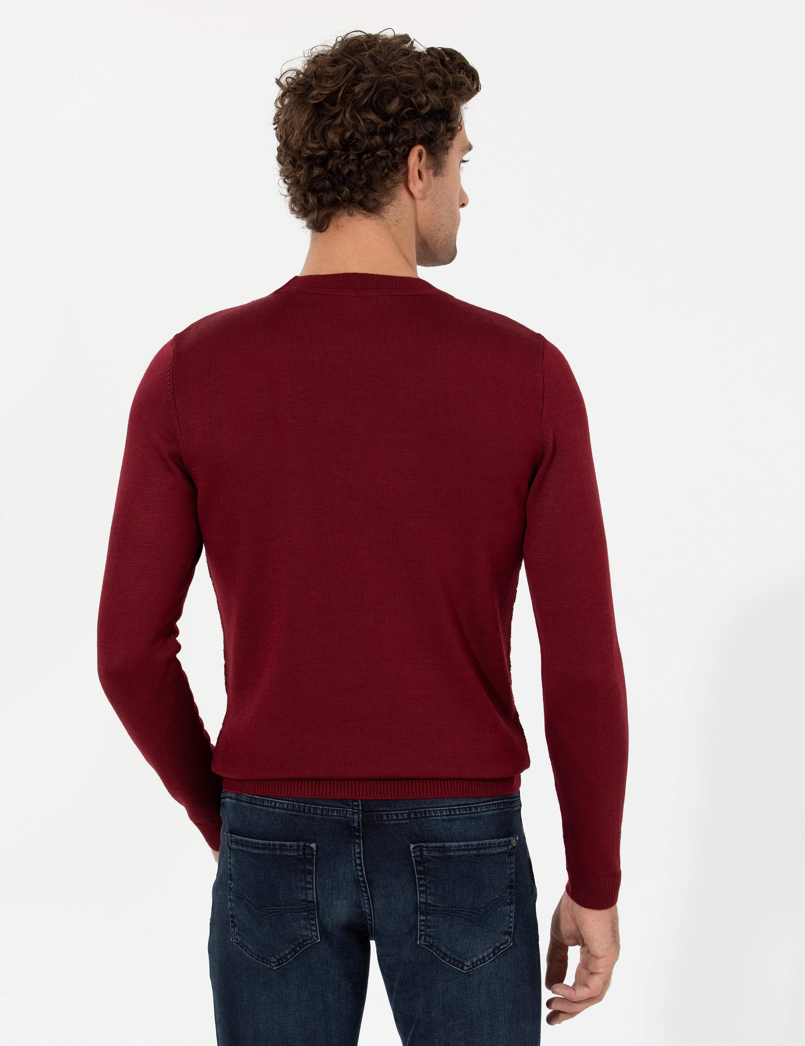 Bordo Slim Fit Bisiklet Yaka Triko Kazak - 50258846015