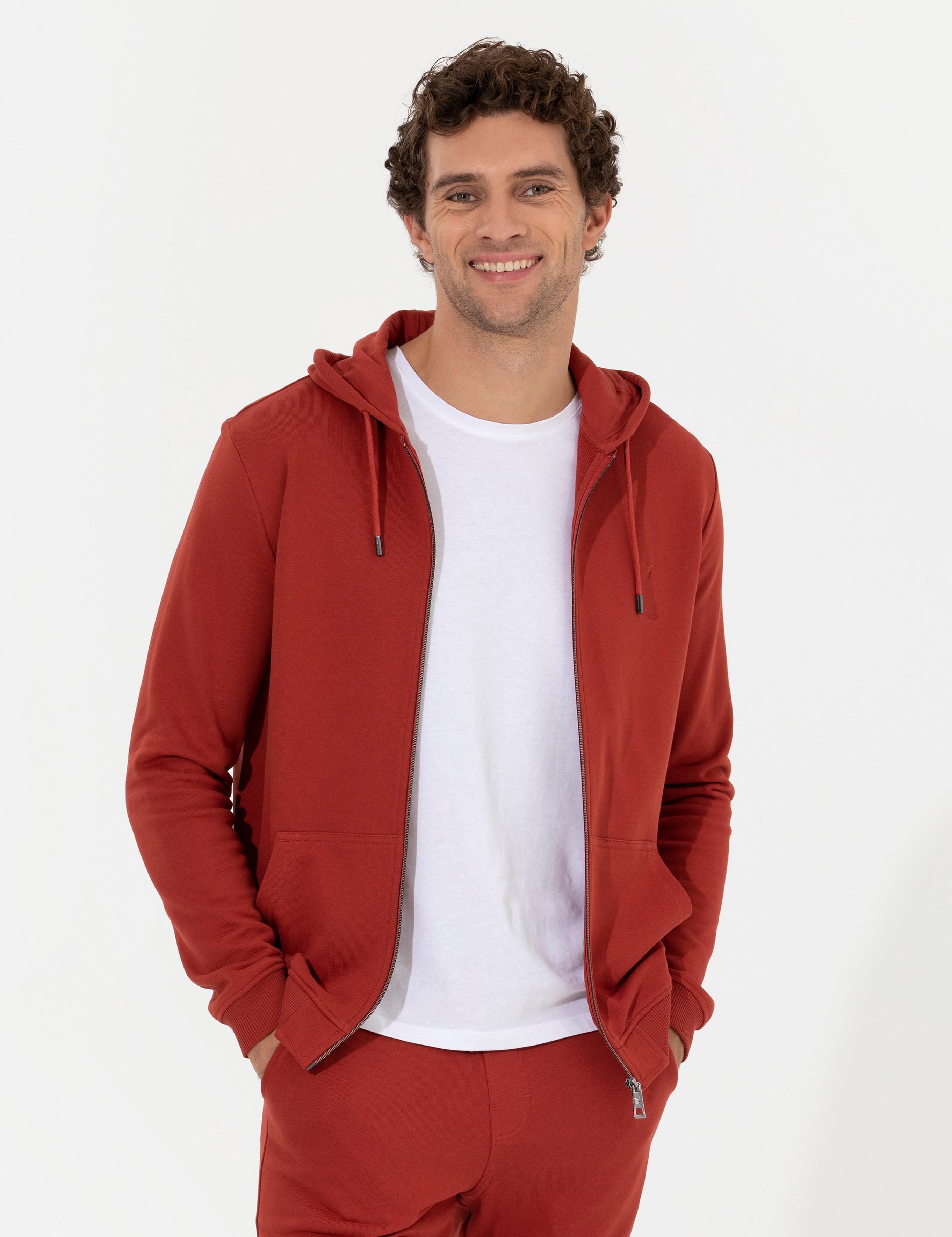 Kiremit %100 Pamuk Tam Fermuarlı Kapüşonlu Sweatshirt - 50257177037