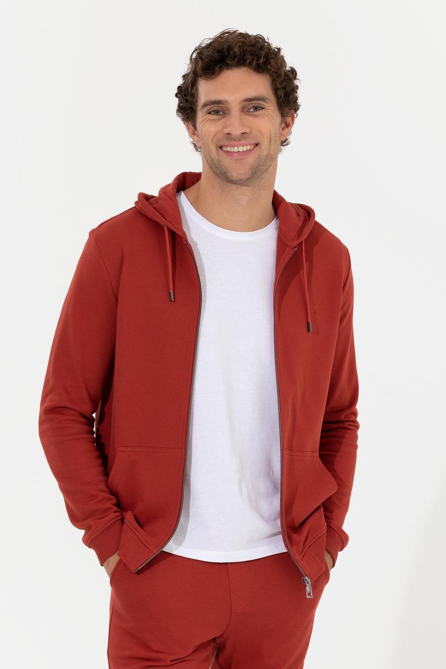 Kiremit %100 Pamuk Tam Fermuarlı Kapüşonlu Sweatshirt - 50257177037