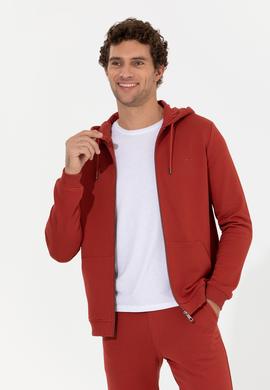 Kiremit %100 Pamuk Tam Fermuarlı Kapüşonlu Sweatshirt