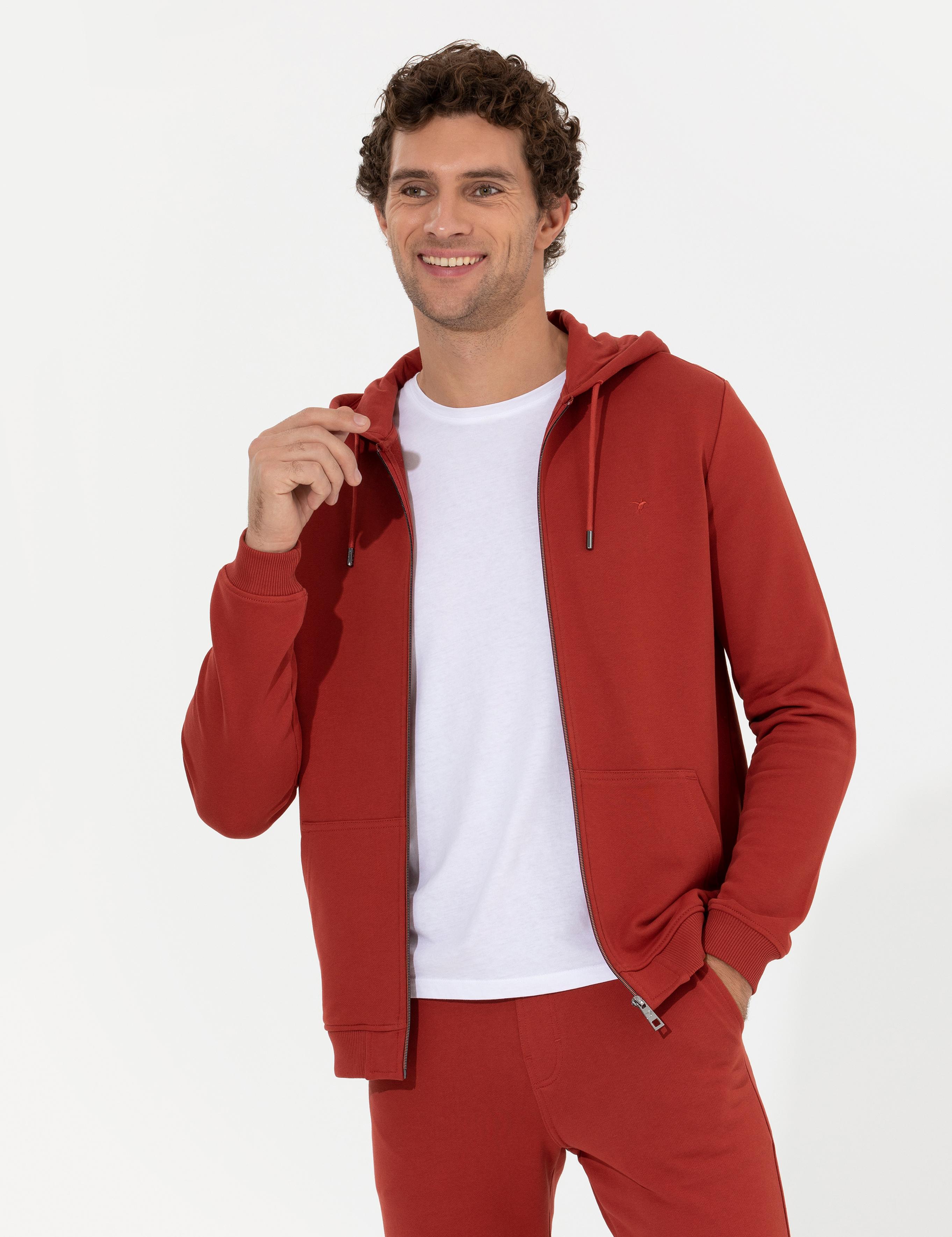 Kiremit %100 Pamuk Tam Fermuarlı Kapüşonlu Sweatshirt - 50257177037