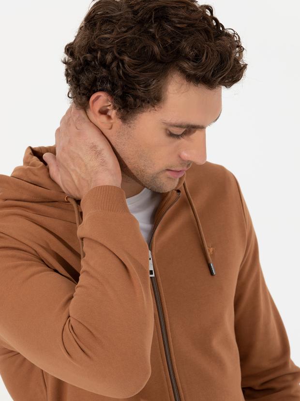 Camel %100 Pamuk Tam Fermuarlı Kapüşonlu Sweatshirt