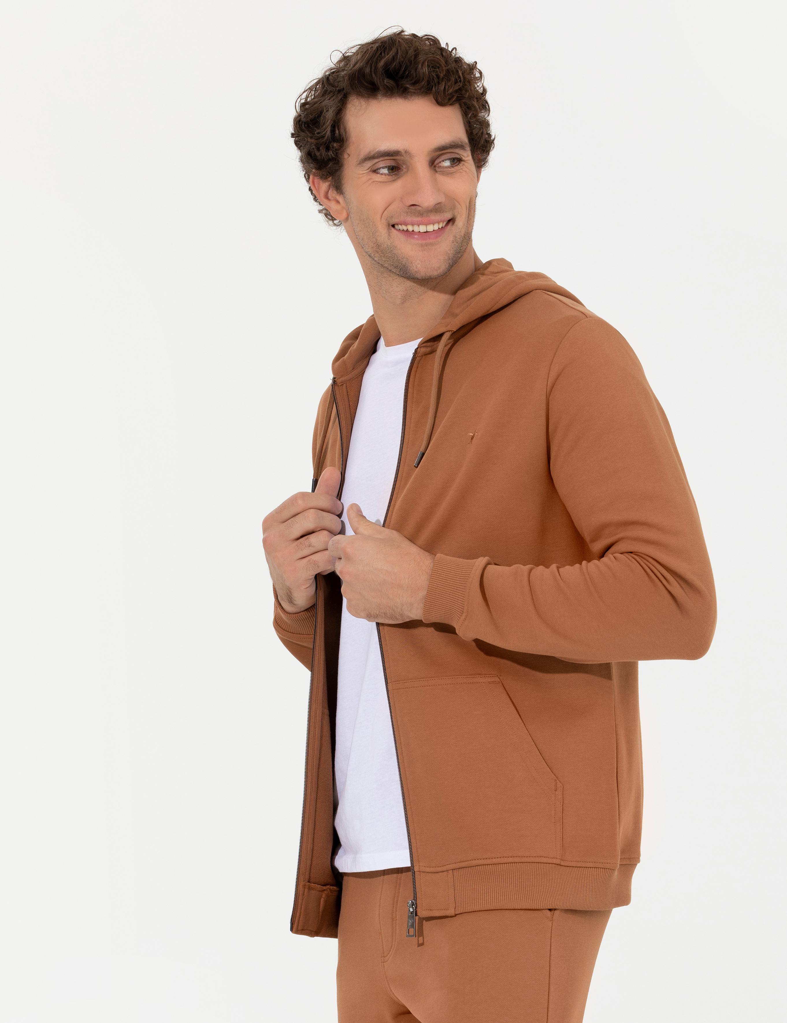 Camel %100 Pamuk Tam Fermuarlı Kapüşonlu Sweatshirt - 50257177029