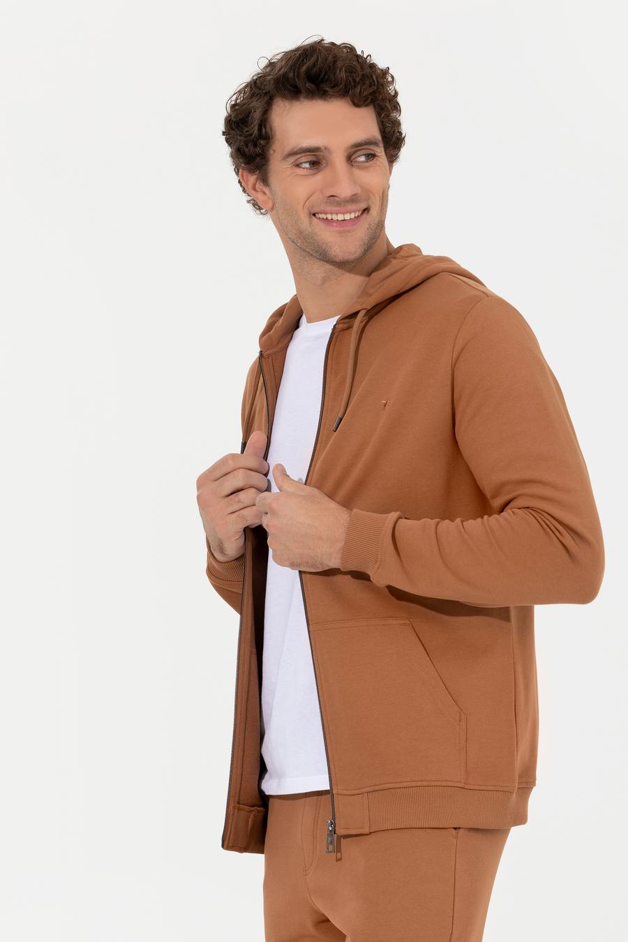 Camel %100 Pamuk Tam Fermuarlı Kapüşonlu Sweatshirt - 50257177029