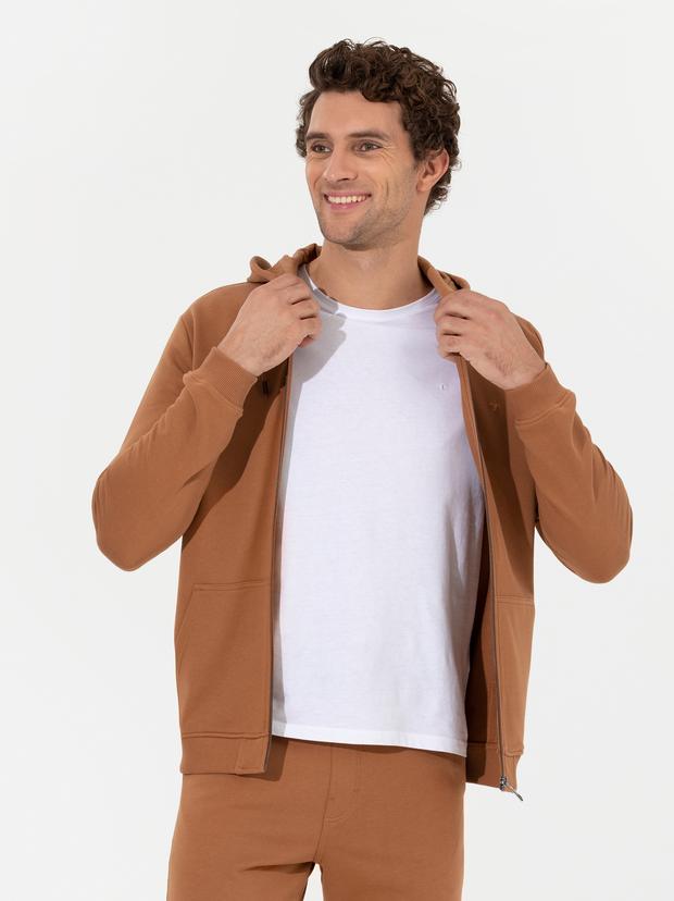 Camel %100 Pamuk Tam Fermuarlı Kapüşonlu Sweatshirt
