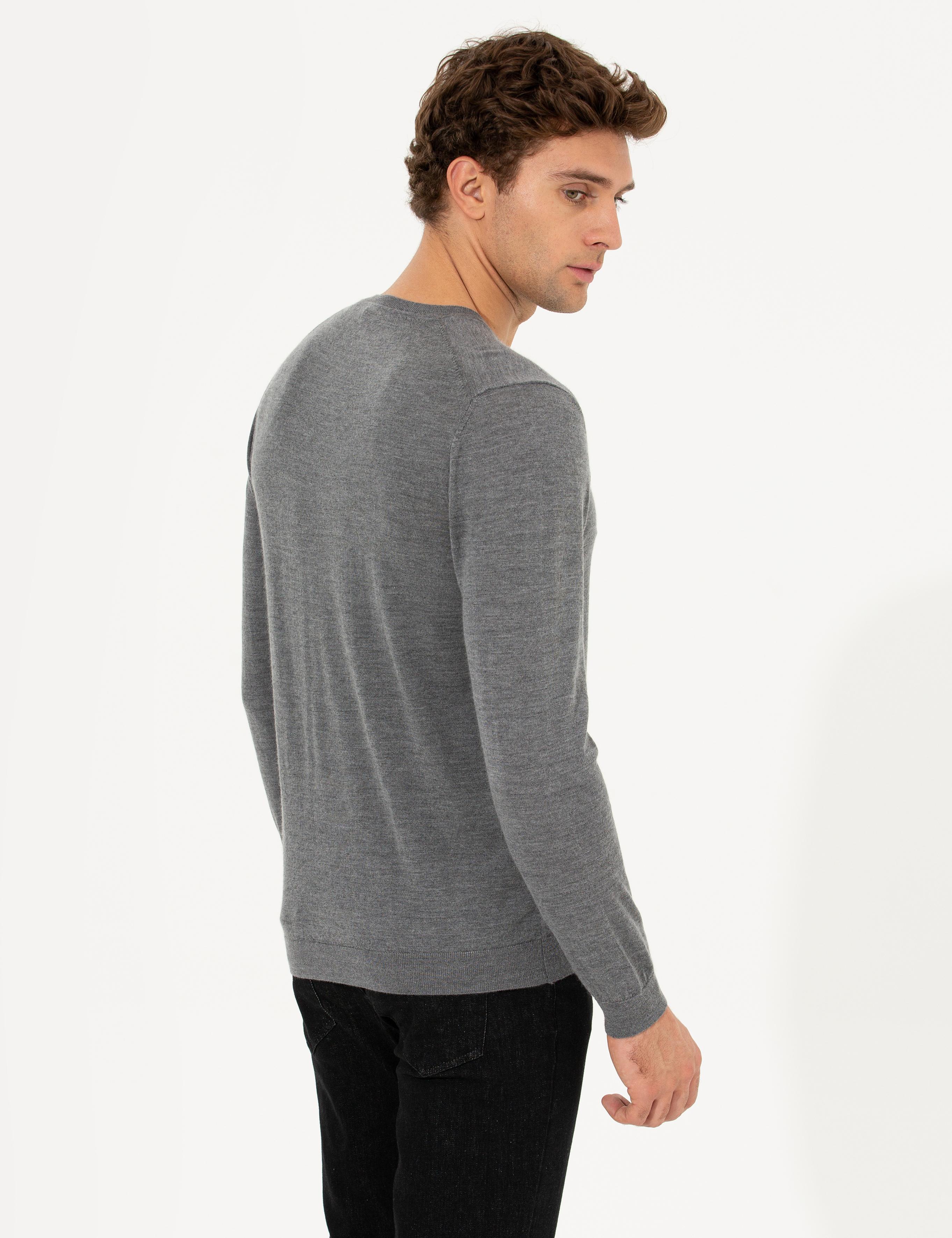 Gri Slim Fit Bisiklet Yaka Yün Kaşmir Karışımlı Triko Kazak - 50260321044