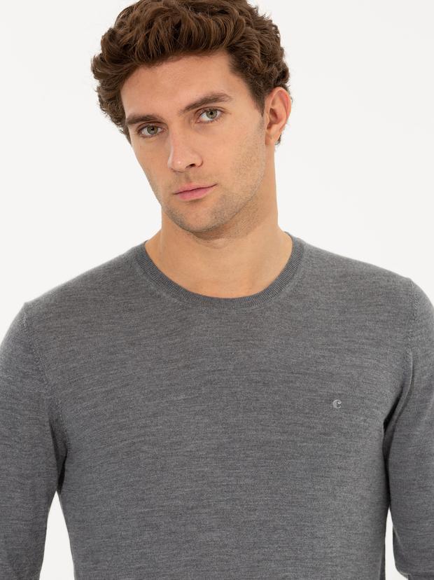 Gri Slim Fit Bisiklet Yaka Yün Kaşmir Karışımlı Triko Kazak