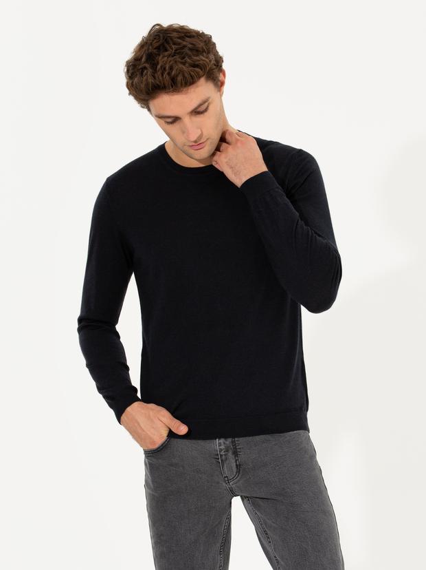 Lacivert Slim Fit Bisiklet Yaka Yün Kaşmir Karışımlı Triko Kazak
