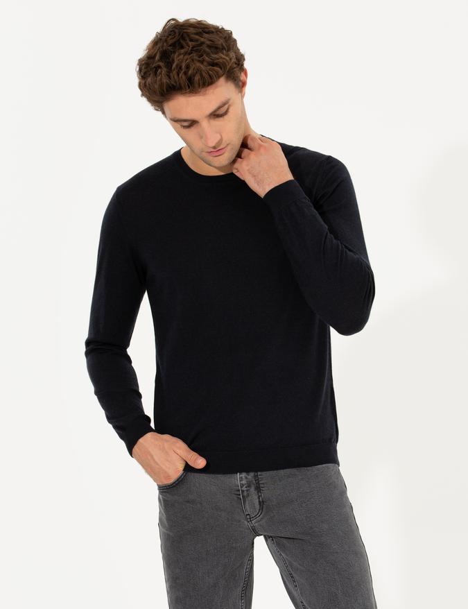 Lacivert Slim Fit Bisiklet Yaka Yün Kaşmir Karışımlı Triko Kazak
