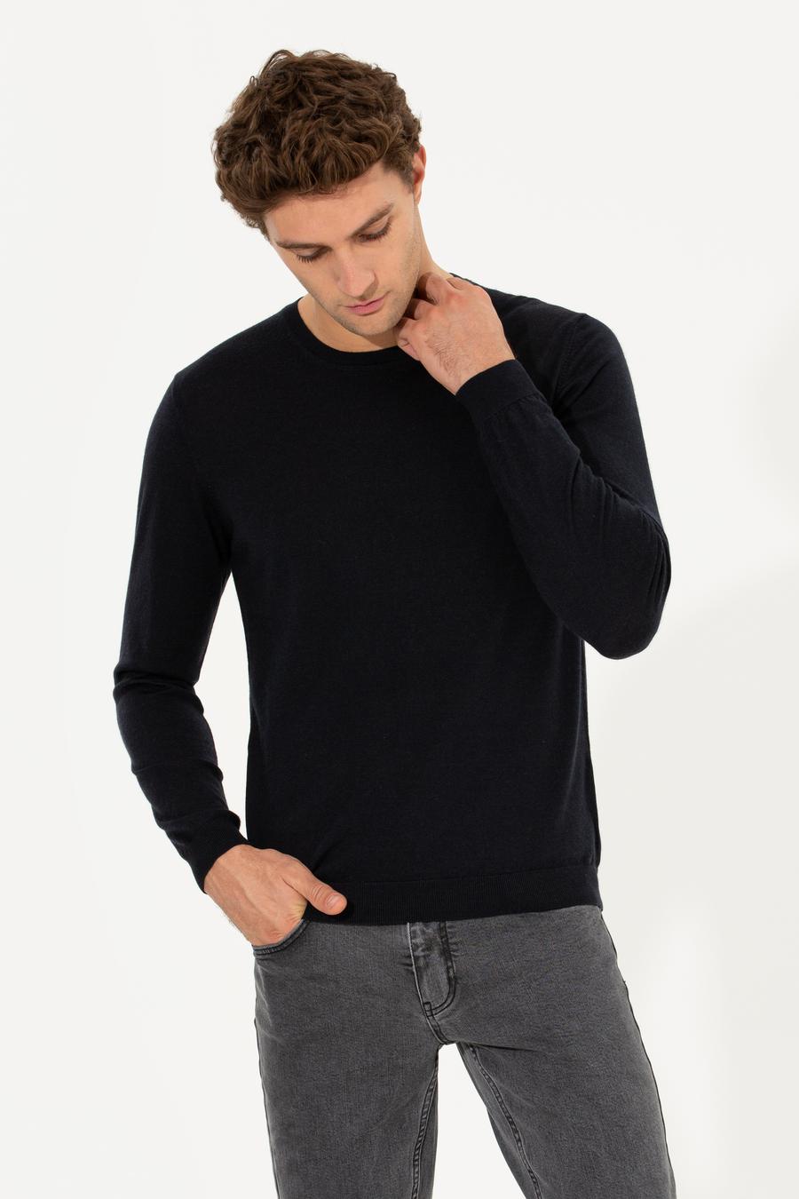 Lacivert Slim Fit Bisiklet Yaka Yün Kaşmir Karışımlı Triko Kazak - 50260321023