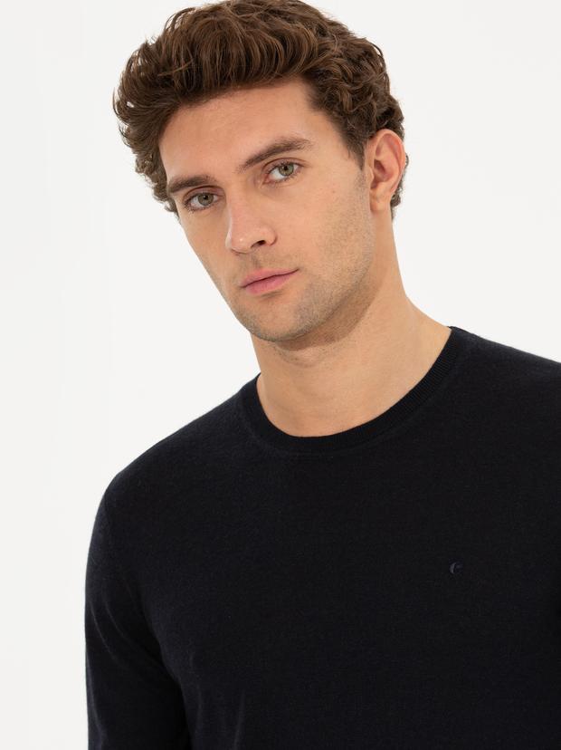 Lacivert Slim Fit Bisiklet Yaka Yün Kaşmir Karışımlı Triko Kazak