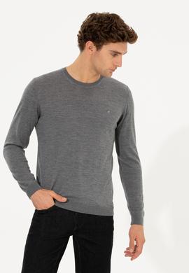Gri Slim Fit Bisiklet Yaka Yün Kaşmir Karışımlı Triko Kazak