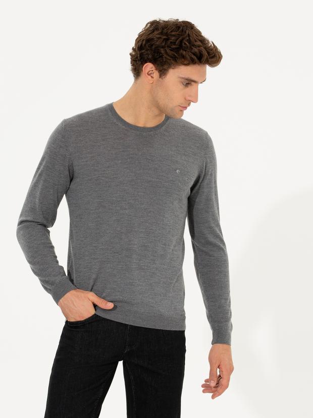 Gri Slim Fit Bisiklet Yaka Yün Kaşmir Karışımlı Triko Kazak