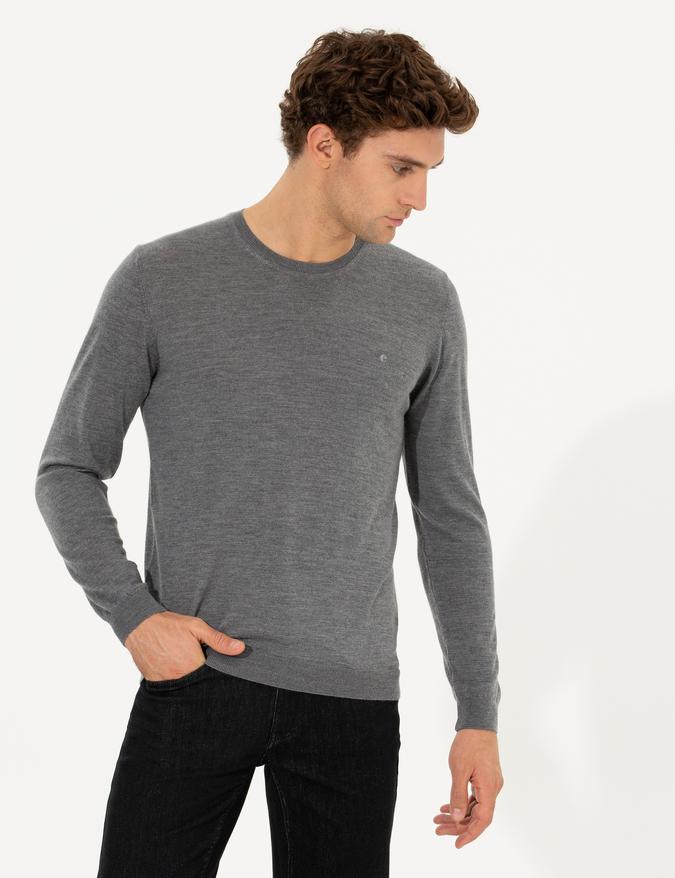 Gri Slim Fit Bisiklet Yaka Yün Kaşmir Karışımlı Triko Kazak