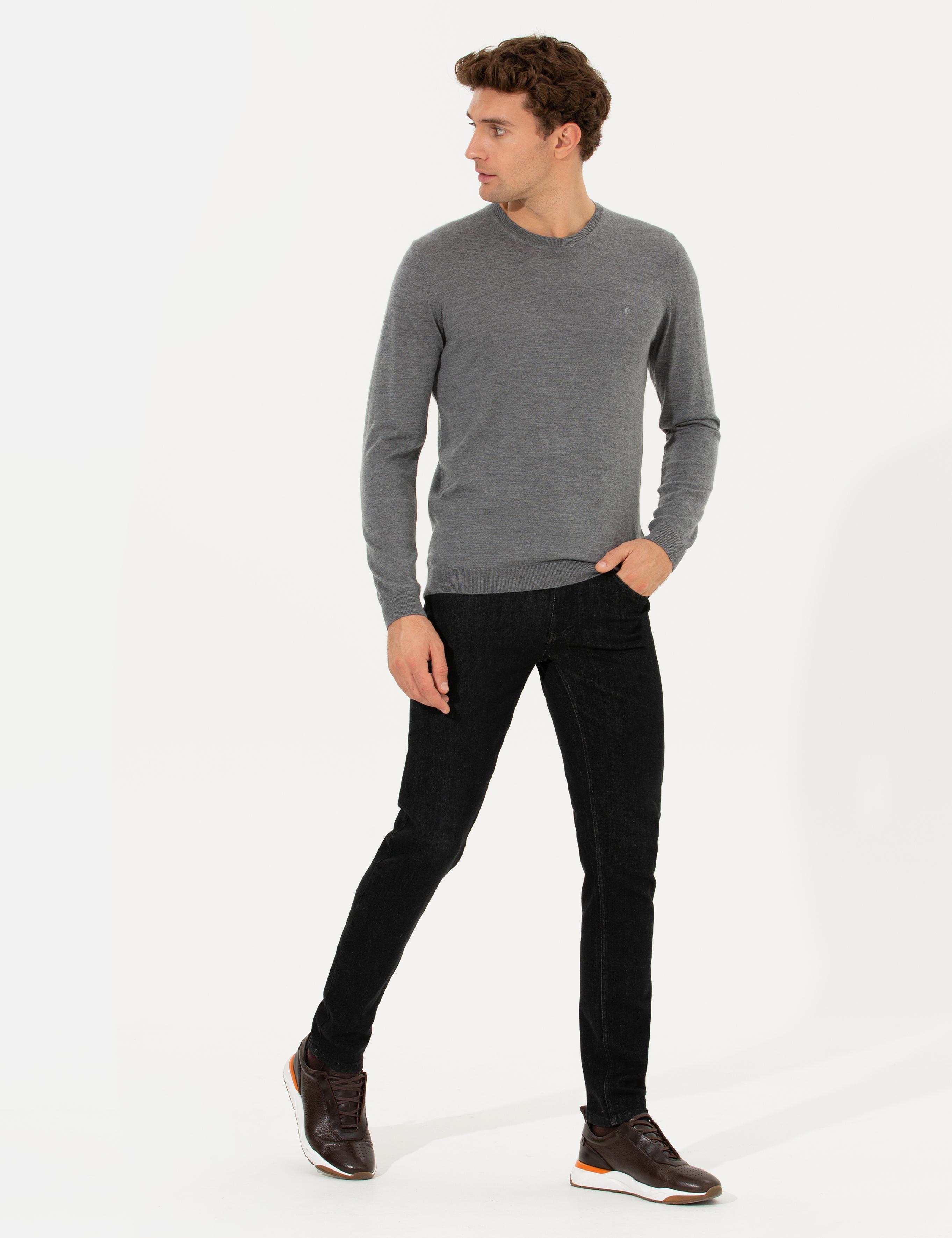 Gri Slim Fit Bisiklet Yaka Yün Kaşmir Karışımlı Triko Kazak - 50260321044