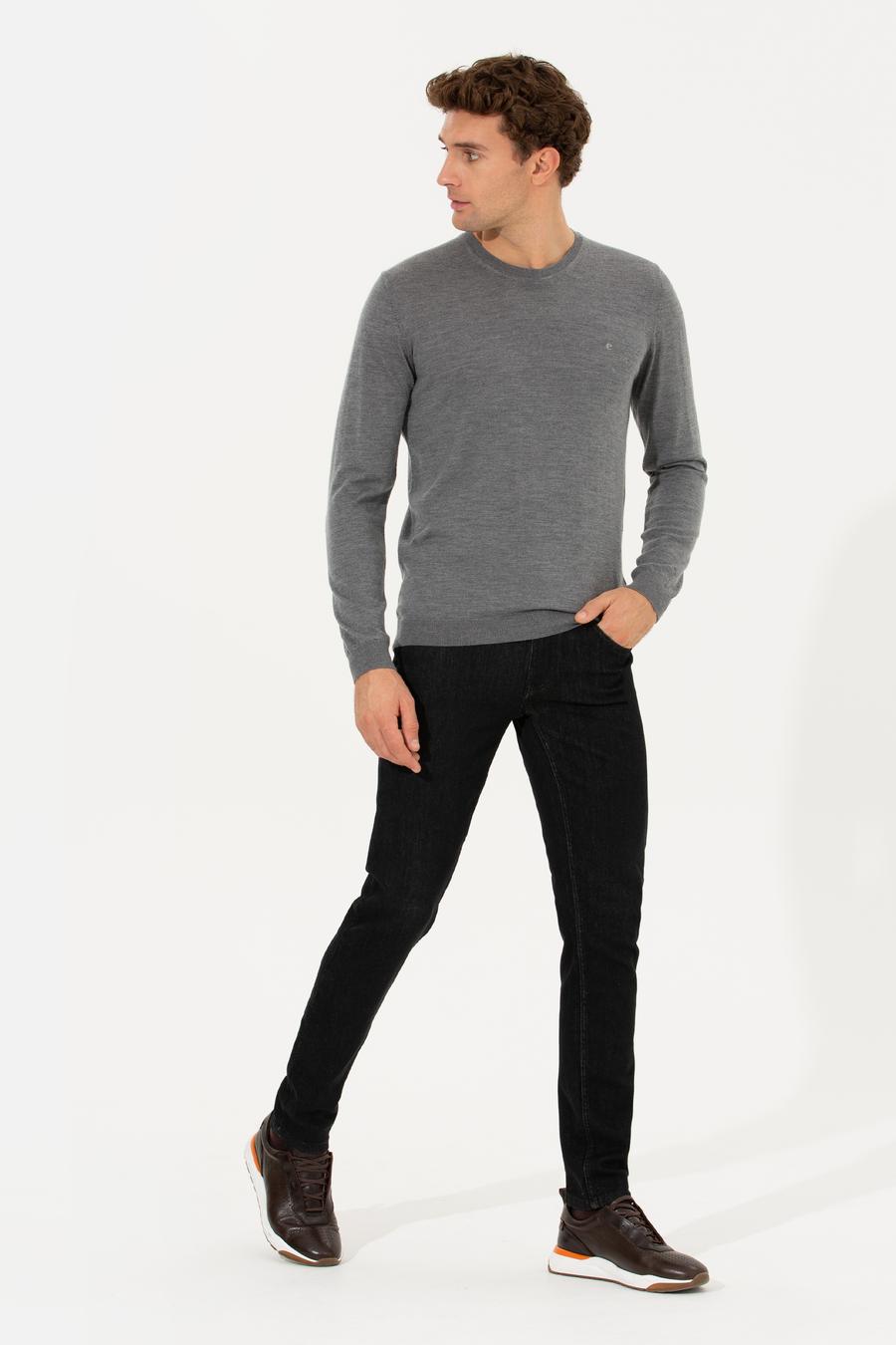 Gri Slim Fit Bisiklet Yaka Yün Kaşmir Karışımlı Triko Kazak - 50260321044