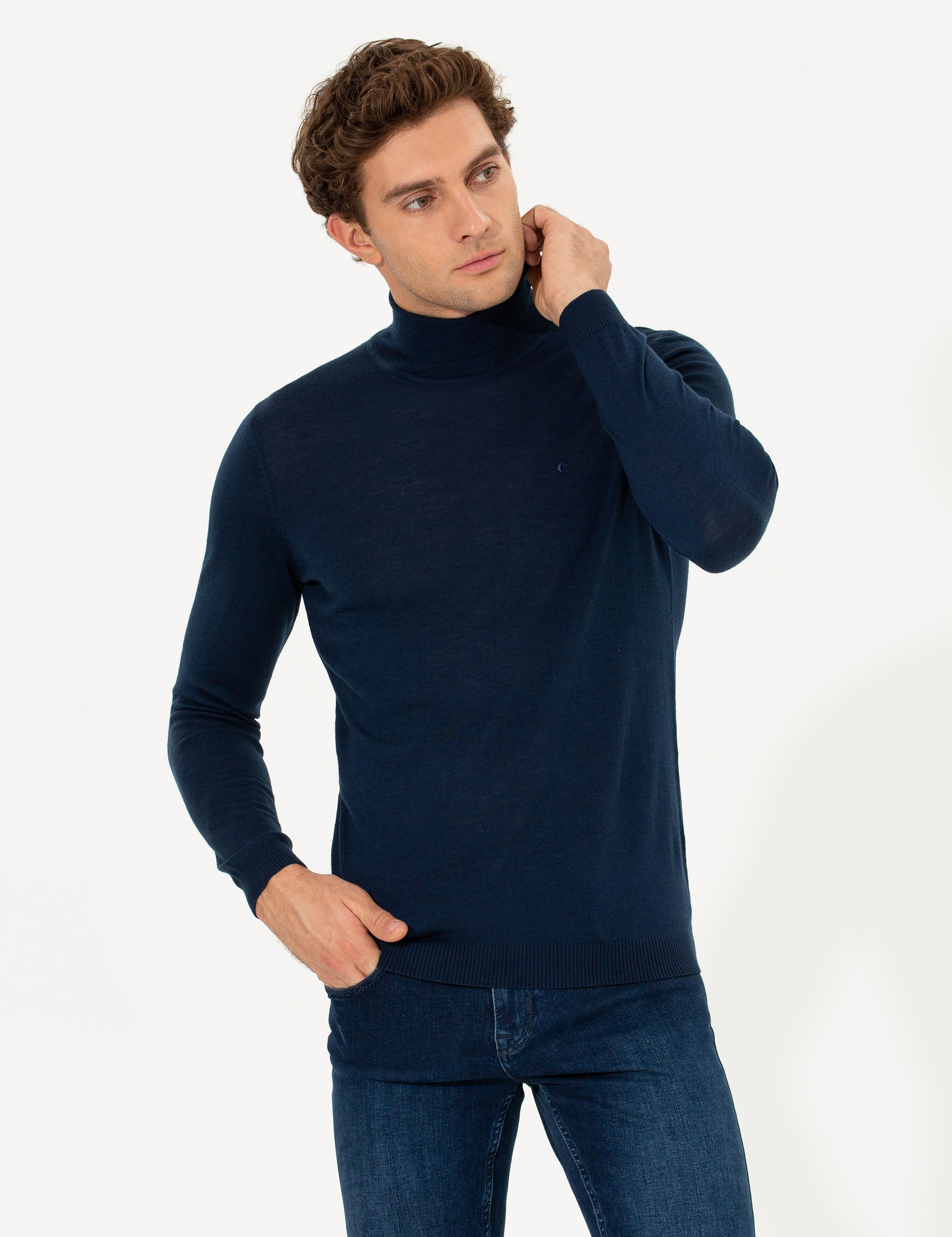 Lacivert Slim Fit Balıkçı Yaka Basic Triko Kazak - 50211329039