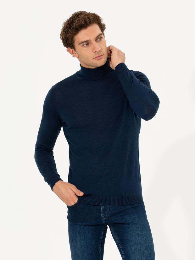 Lacivert Slim Fit Balıkçı Yaka Basic Triko Kazak